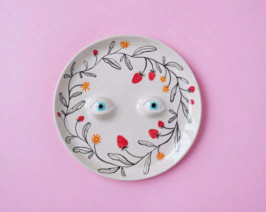 Eyed Plate with Flowers and Strawberries