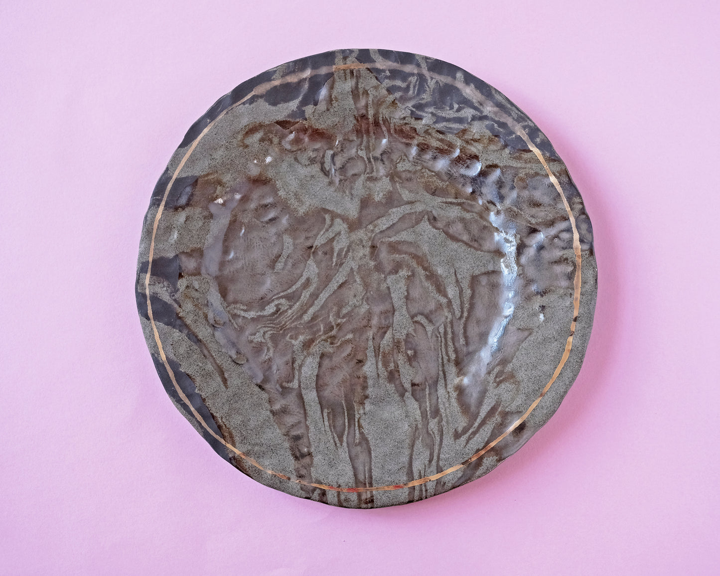 Nerikomi Plate Gray Stone Flat with Gold